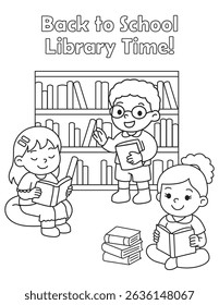 Library time coloring page with children reading books. Great for back to school themes, classroom literacy, and early education printables.