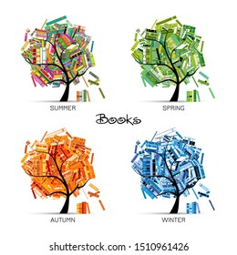 Library tree with books, four seasons of reading