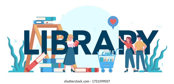 Concepto de encabezado tipográfico de biblioteca. El personal de la biblioteca sostiene y clasifica el libro. Conocimiento e idea de educación. Guía de estanterías de biblioteca. Ilustración vectorial aislada