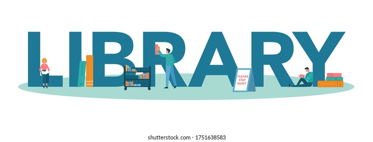 Library typographic header concept. Library staff holding and sorting book. Knowledge and education idea. Llibrary bookshelves guid. Isolated vector illustration