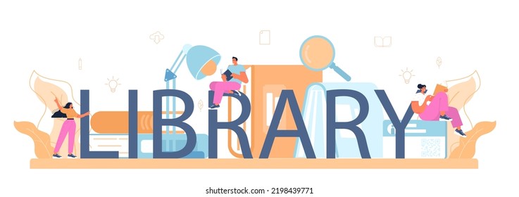 Library typographic header. Library staff cataloging and sorting books in a storage, filling out library cards. Llibrary reading room guid. Flat vector illustration