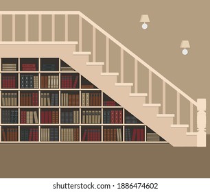 Library Under The Stairs. Home Library Interior. Books On Bookshelves. Vector Flat Illustration.