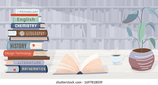 Library vector background. Pile books, open textbook, cup of coffee and plant locate on wooden table. The wall in the back side consists of bookshelves. Graphic elements in trendy flat style.