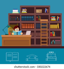 Library vector flat illustration with book and education signs