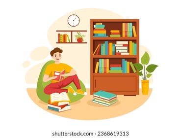 Library Vector Illustration of Book Shelves with Interior Wooden Furniture for Reading, Education and Knowledge in Flat Cartoon Background Design