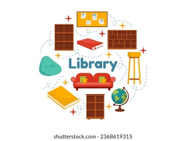 Library Vector Illustration of Book Shelves with Interior Wooden Furniture for Reading, Education and Knowledge in Flat Cartoon Background Design