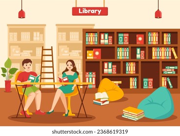 Library Vector Illustration of Book Shelves with Interior Wooden Furniture for Reading, Education and Knowledge in Flat Cartoon Background Design