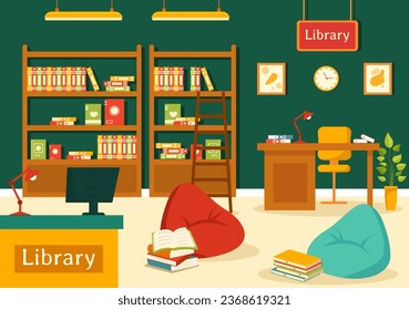 Library Vector Illustration of Book Shelves with Interior Wooden Furniture for Reading, Education and Knowledge in Flat Cartoon Background Design