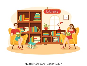 Ilustración de vectores de biblioteca de estanterías de libros con muebles de madera interior para lectura, educación y conocimiento en diseño de fondo de caricatura plana