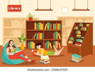 Library Vector Illustration of Book Shelves with Interior Wooden Furniture for Reading, Education and Knowledge in Flat Cartoon Background Design