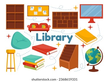 Library Vector Illustration of Book Shelves with Interior Wooden Furniture for Reading, Education and Knowledge in Flat Cartoon Background Design