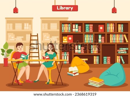 Library Vector Illustration of Book Shelves with Interior Wooden Furniture for Reading, Education and Knowledge in Flat Cartoon Background Design