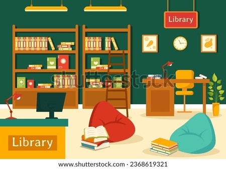 Library Vector Illustration of Book Shelves with Interior Wooden Furniture for Reading, Education and Knowledge in Flat Cartoon Background Design