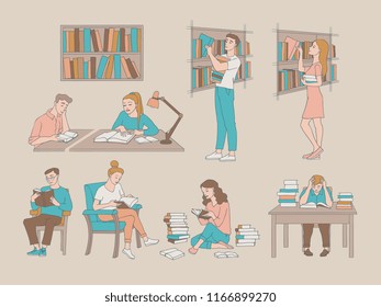 Library vector illustration set in sketch style with various scenes of public reading room. Isolated hand drawn books on shelves and studying people for education and literary hobby concept.