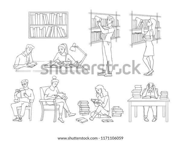 Library Vector Illustration Set Sketch Style Stock Vector