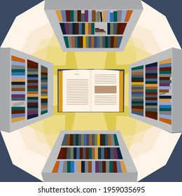 Library view from above. Bookshelves and big open book. Multi colored vector illustration