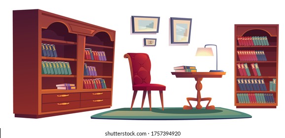 Library Vip Interior Set With Bookcases, Chair, Desk And Lamp. Vector Cartoon Set Of Old Luxury Furniture In Home Library Or Office With Wooden Bookshelves, Armchair, Carpet And Picture Frames