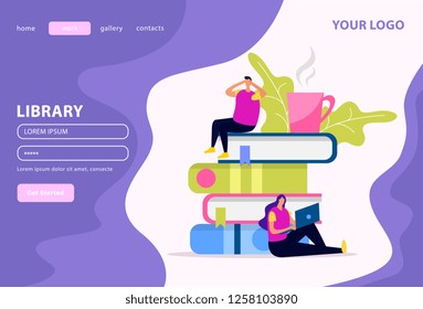 Library web landing page human characters and stack of books on white violet background flat vector illustration
