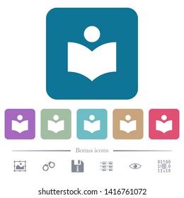 Library white flat icons on color rounded square backgrounds. 6 bonus icons included