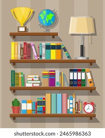 Library wooden book shelf. Globe, lamp, clocks, cactus, cup. Bookcase with different books. Vector illustration in flat style