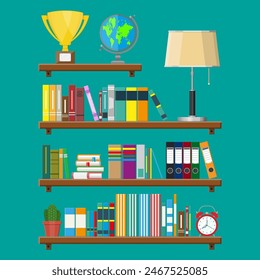 Library wooden book shelf. Globe, lamp, clocks, cactus, cup. Bookcase with different books. Vector illustration in flat style