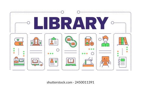 Library word concept isolated on white. ITSM technology. Book store workflow organization. Creative illustration banner surrounded by editable line colorful icons. Hubot Sans font used