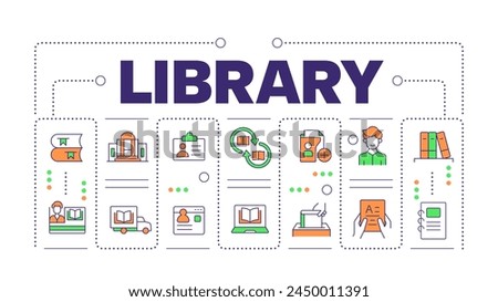 Library word concept isolated on white. ITSM technology. Book store workflow organization. Creative illustration banner surrounded by editable line colorful icons. Hubot Sans font used