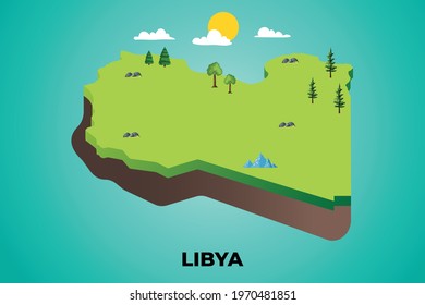 Libya 3d isometric map with topographic details mountains, trees and soil vector illustration design