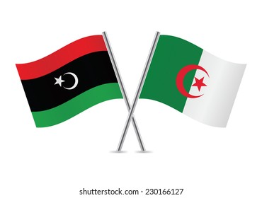 Libya and Algeria crossed flags. Libyan and Algerian flags on white background. Vector icon set. Vector illustration.