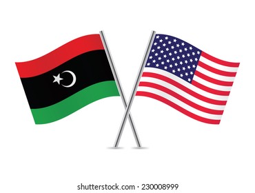 Libya and America crossed flags. Libyan and American flags on white background. Vector icon set. Vector illustration.