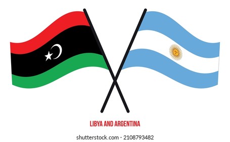 Banderas de Libia y Argentina cruzadas y ondeando estilo plano. Proporción oficial. Colores correctos.