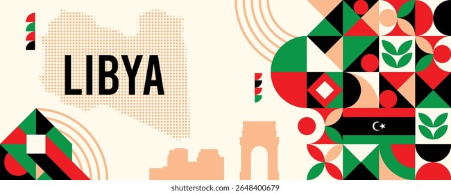 Libya Banner Design with map and national symbols, geometric shapes