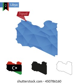 Libya blue Low Poly map with capital Tripoli, versions with flag, black and outline. Vector Illustration.
