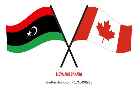 Libyen und Kanada Flaggen überquert und schwingen Flat Style. Offizieller Anteil. Korrigieren Sie Farben.