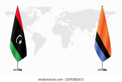 Libya and Chagos Islands flags for official meeting against background of world map.