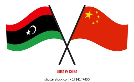 Libya and China Flags Crossed And Waving Flat Style. Official Proportion. Correct Colors.