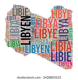 Das Land Libyen prägt die Weltwolke. Typografie Stil Land Illustration. Libyen-Bild im Text-Cloud-Stil. Vektorgrafik.