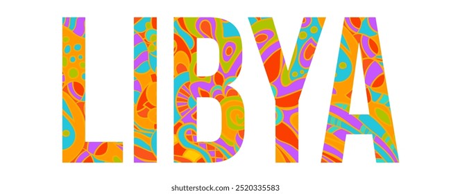 Libya creative country name text design filled with colorful doodle pattern	