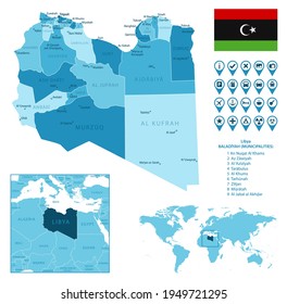 Libyen detaillierte blaue Karte mit Länderflagge und Lage auf der Weltkarte.