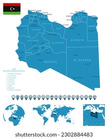 Libia - mapa detallado del país azul con ciudades, regiones, ubicación en el mapa mundial y el mundo. Iconos infográficos. Ilustración del vector