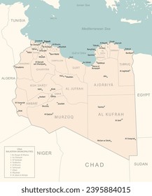 Libia - mapa detallado con las divisiones administrativas del país. Ilustración del vector