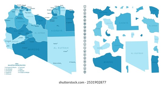 Libia - mapa detallado del país en colores azules, dividido en regiones. Iconos infográficos. Ilustración vectorial.