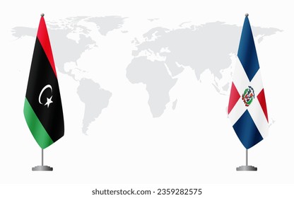 Libya and Dominican flags for official meeting against background of world map.