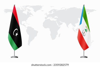 Libya and Equatorial Guinea flags for official meeting against background of world map.