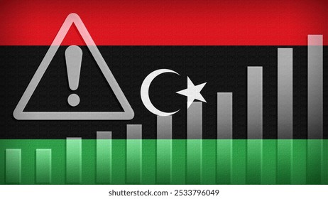 Libya flag with burlap texture, warning sign, and rising bar chart symbolizing increasing risk or growth challenges in the country. Ideal for data presentations.