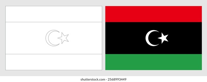 Libya flag - coloring page. Set of white wireframe thin black outline flag and original colored flag.