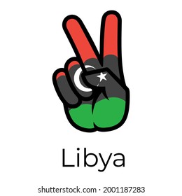 Libya flag in the form of a peace sign. Gesture V victory sign, patriotic sign, icon for apps, websites, T-shirts, souvenirs, etc., isolated on white background