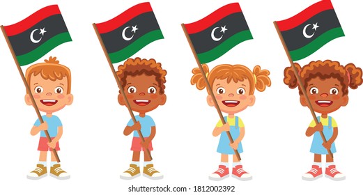 libya flag in hand. Children holding flag. National flag of libya vector