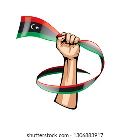 Libya flag and hand on white background. Vector illustration