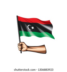 Libya flag and hand on white background. Vector illustration